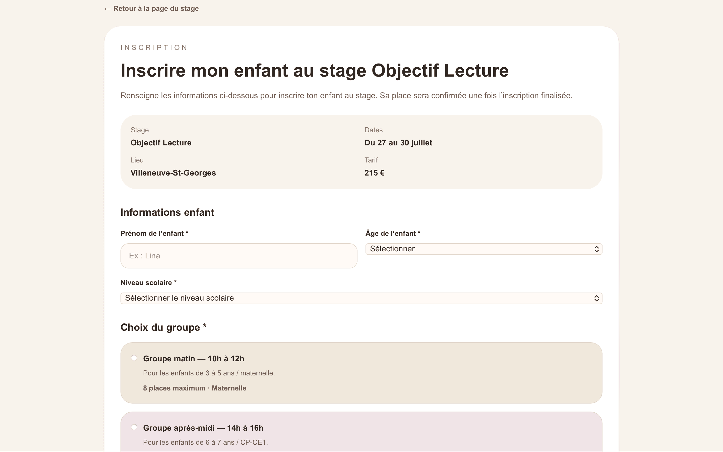 Formulaire d’inscription au stage