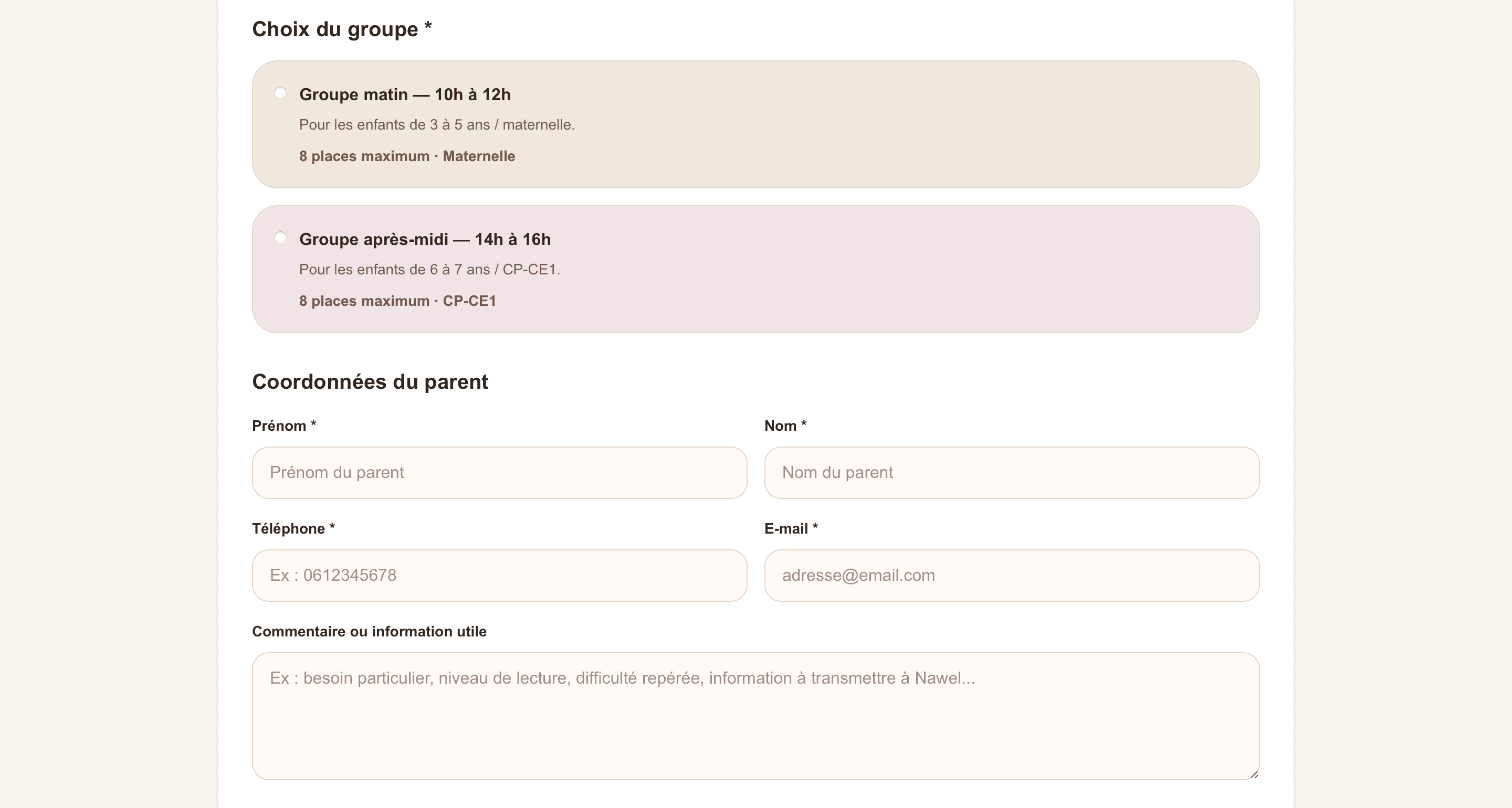 Choix du groupe dans le formulaire d’inscription