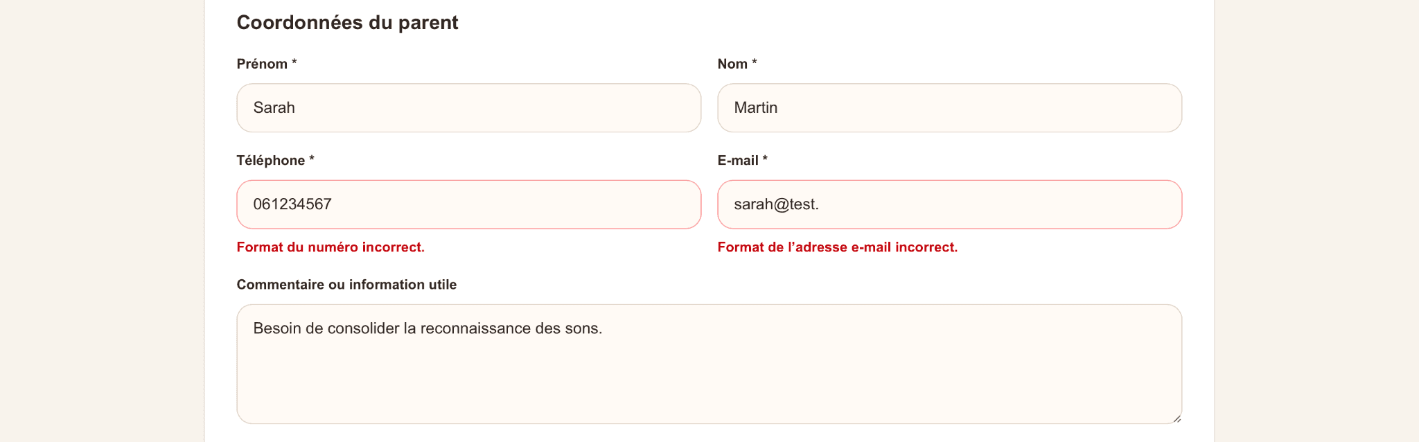 Validation des informations du formulaire