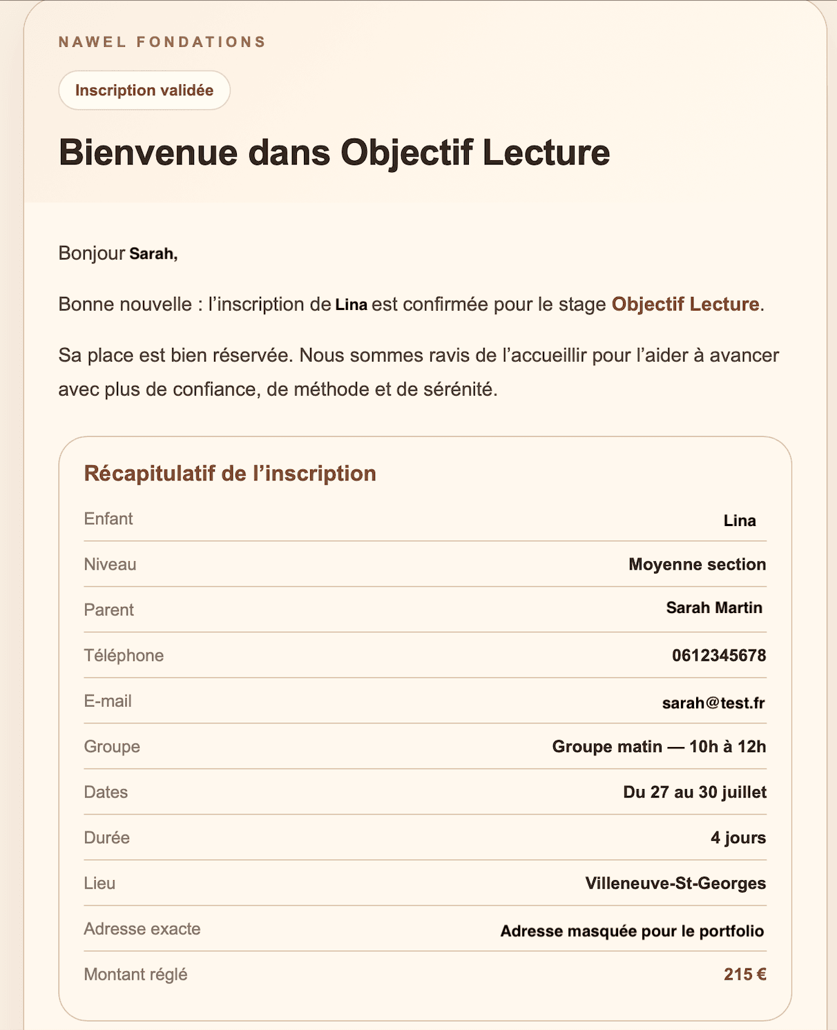 E-mail de confirmation anonymisé